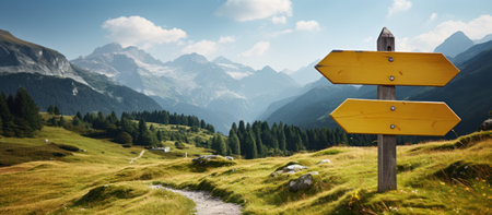 Blank wooden signpost in front of a mountain range panoramaの素材