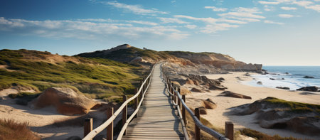 Wooden walkway on the beach of Algarve, Portugalの素材