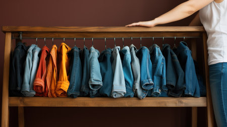 Woman choosing clothes in wardrobe, closeup. Concept of shopping and retailの素材