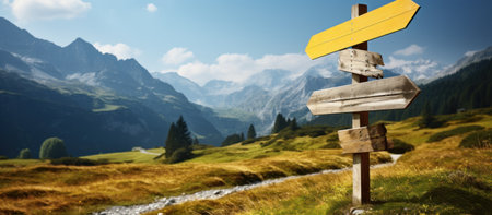 Wooden signpost with mountain background. Panoramic image.の素材