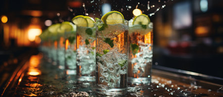Cocktails with lime and ice on bar counter in night clubの素材
