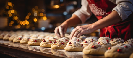 Close-up of female hands kneading dough for Christmas cookiesの素材