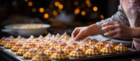 Close-up of woman's hands decorating cookies in the kitchenの素材