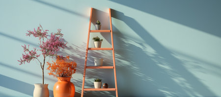 3d rendering of a shelf in a room with flowers and plantsの素材