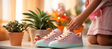 Little girl tying shoelaces on sneakers at home, closeupの素材