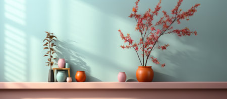 3d render of a shelf with vases and flowers in a roomの素材
