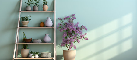 3d render of shelf with vases and flowers in a roomの素材