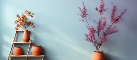 Flowers in pots on a shelf against blue wall. 3d renderingの素材