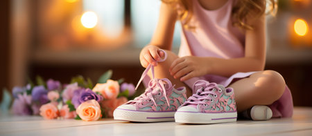 Cute little girl tying shoelaces on her new sneakers at homeの素材