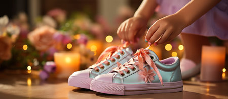 Female hands tying shoelaces on pink sneakers, close-upの素材