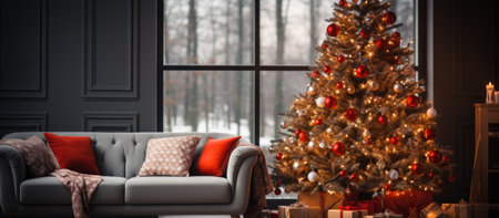 Christmas tree with gifts in the living room. 3d rendering.の素材