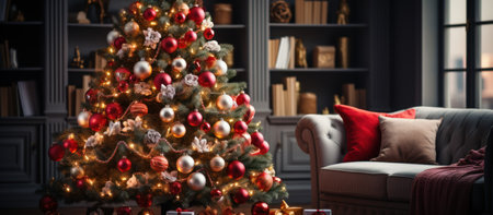 Christmas tree with red baubles in the living room, 3d renderの素材