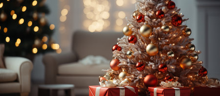 Christmas tree with gifts in the living room with bokeh backgroundの素材