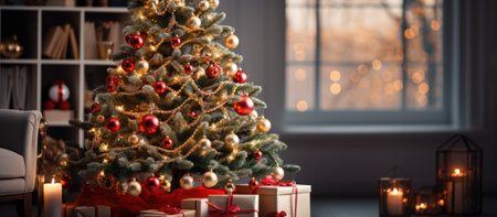 Christmas tree with gifts in the interior of the living room. 3d renderingの素材
