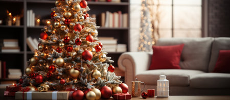 Christmas tree with decorations and gift boxes on the table in the living roomの素材