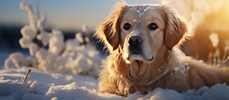 Golden Retriever dog portrait in the winter snow. Cute golden retriever dogの素材