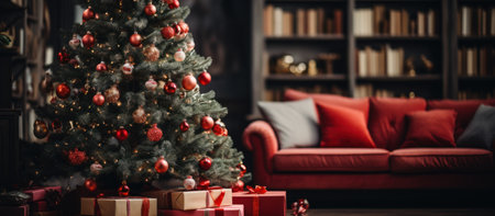 Christmas living room interior with a decorated Christmas tree, gifts and fireplaceの素材