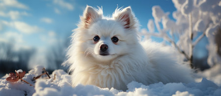 White Pomeranian dog in the snow. Beautiful fluffy dog.の素材