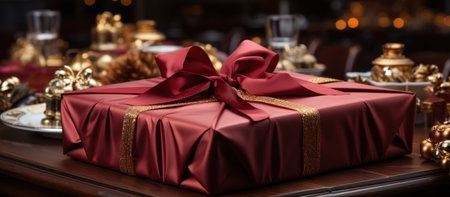 Gift box with red satin bow on the table in restaurantの素材