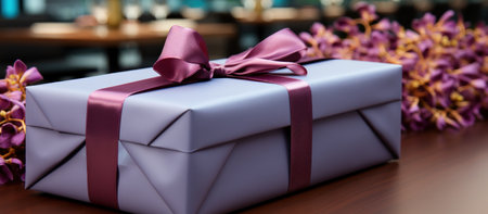 Gift box with purple ribbon on wooden table in cafe, closeupの素材