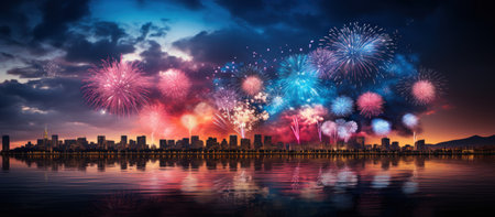 Colorful fireworks with cityscape and reflection on water at night.の素材