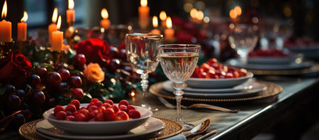 Festive table setting with wine glasses and fresh berries in a restaurantの素材
