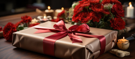 Gift box with red ribbon and candles on wooden table, closeupの素材