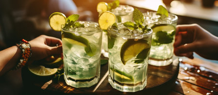 Mojito cocktail with lime, mint and ice in glasses.の素材