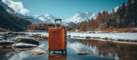 Orange travel suitcase on the shore of a mountain lake in Altai mountains.の素材