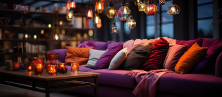 Interior of a modern living room with colorful pillows and candlesの素材