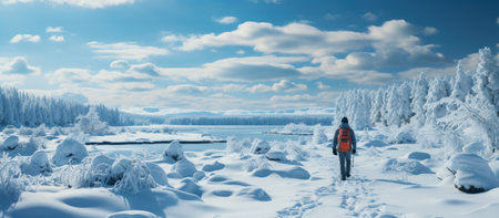 Hike in the winter forest. Man with a backpack on the background of a frozen lake.の素材