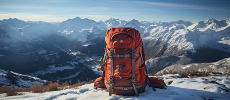 Hiking in the mountains. Winter hiking in the mountains with a backpack and tent.の素材