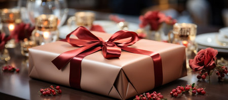 Gift box with a red ribbon on a table in a restaurantの素材