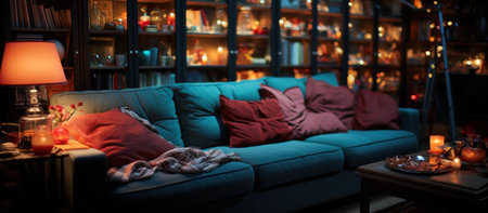 Interior of a cozy living room with a blue sofa in the foregroundの素材