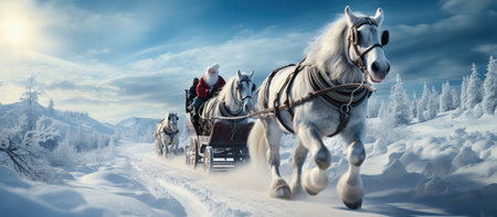 Horse-drawn carriages with Santa Claus in the mountains.の素材