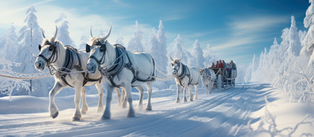 Horses and sledge in the winter forest. 3D renderingの素材