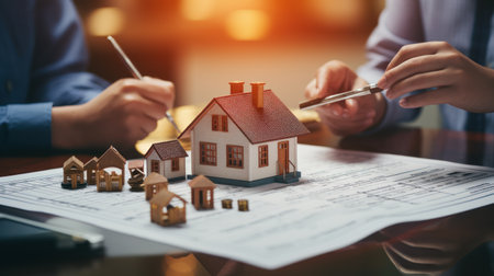 Real estate agent or real estate agent is presenting house model to customer to sign contract.の素材