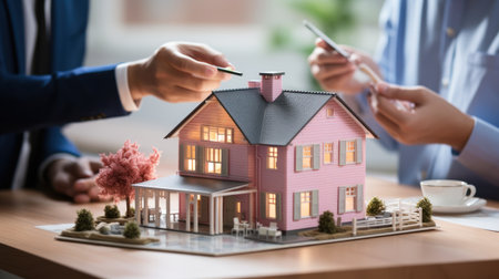 Real estate agent showing house model to customer. Real estate agent presenting house model to buyer.の素材