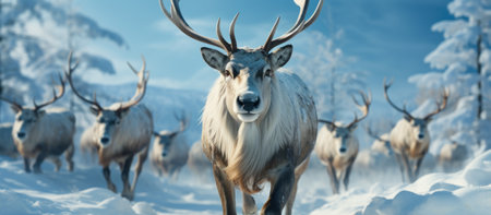 Deer in winter forest. Panoramic image. 3d renderingの素材