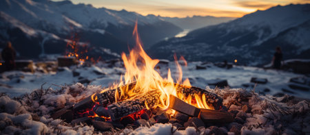Bonfire on the background of the mountains. Camping in the mountains.の素材