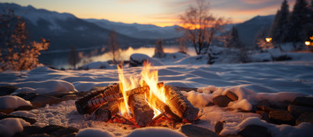 Beautiful winter landscape with a fire on the background of mountains.の素材