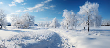 Winter landscape. Frosty trees in the park. Panorama.の素材