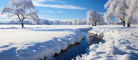 Winter landscape with frozen river and hoarfrost on trees, panoramaの素材