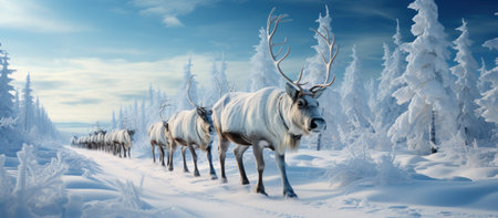 Caravan of reindeers on the background of the winter forestの素材