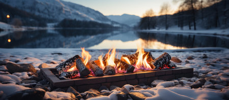Bonfire on the shore of a mountain lake in the winter.の素材