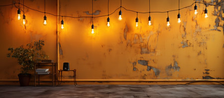 3D render of an old room with light bulbs and a chairの素材