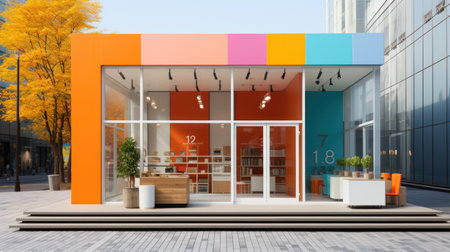 3d rendering of a modern cafe in the city with orange facadeの素材