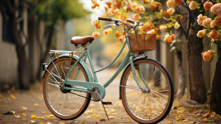 Vintage bicycle in the park with flowers in the basket, vintage toneの素材