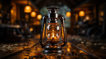 Old kerosene lamp on a wooden background. Selective focus.の素材