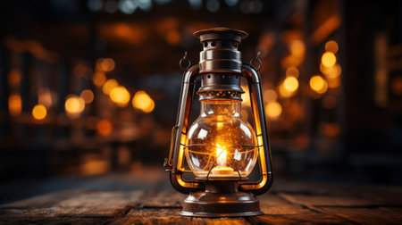 Lantern on a wooden table in a dark room at nightの素材